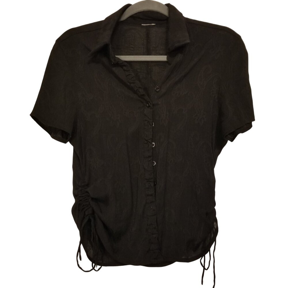 Vintage Sheer Textured Paisley Jacquard Cropped Black Button up Rouched Shirt